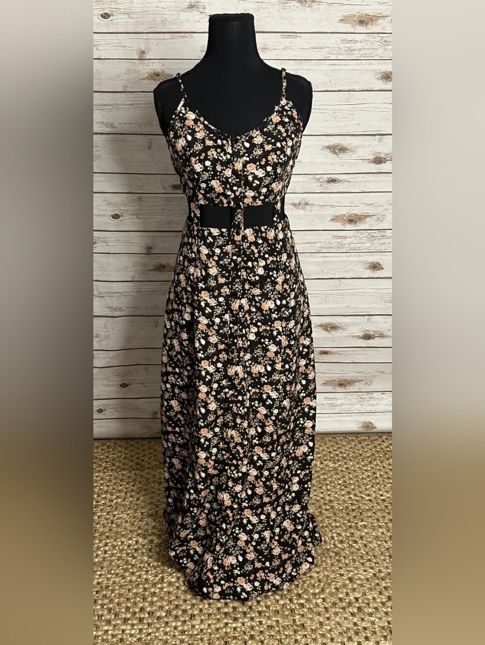 Floral Black Maxi Dress with Spaghetti Straps